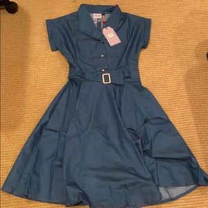Modcloth chambray blue belted dress red piping s